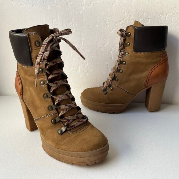 See by Chloe Eileen High Heel Hiking Boots Camel Suede Size  See by Chloé Eileen Lug Sole Heeled Leather Boots Colorblock Tan Size EU37 / US7